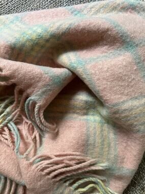 Vintage Swando Wool Blanket Lap Size Pink blue Plaid fringed baby girl 36x50”
